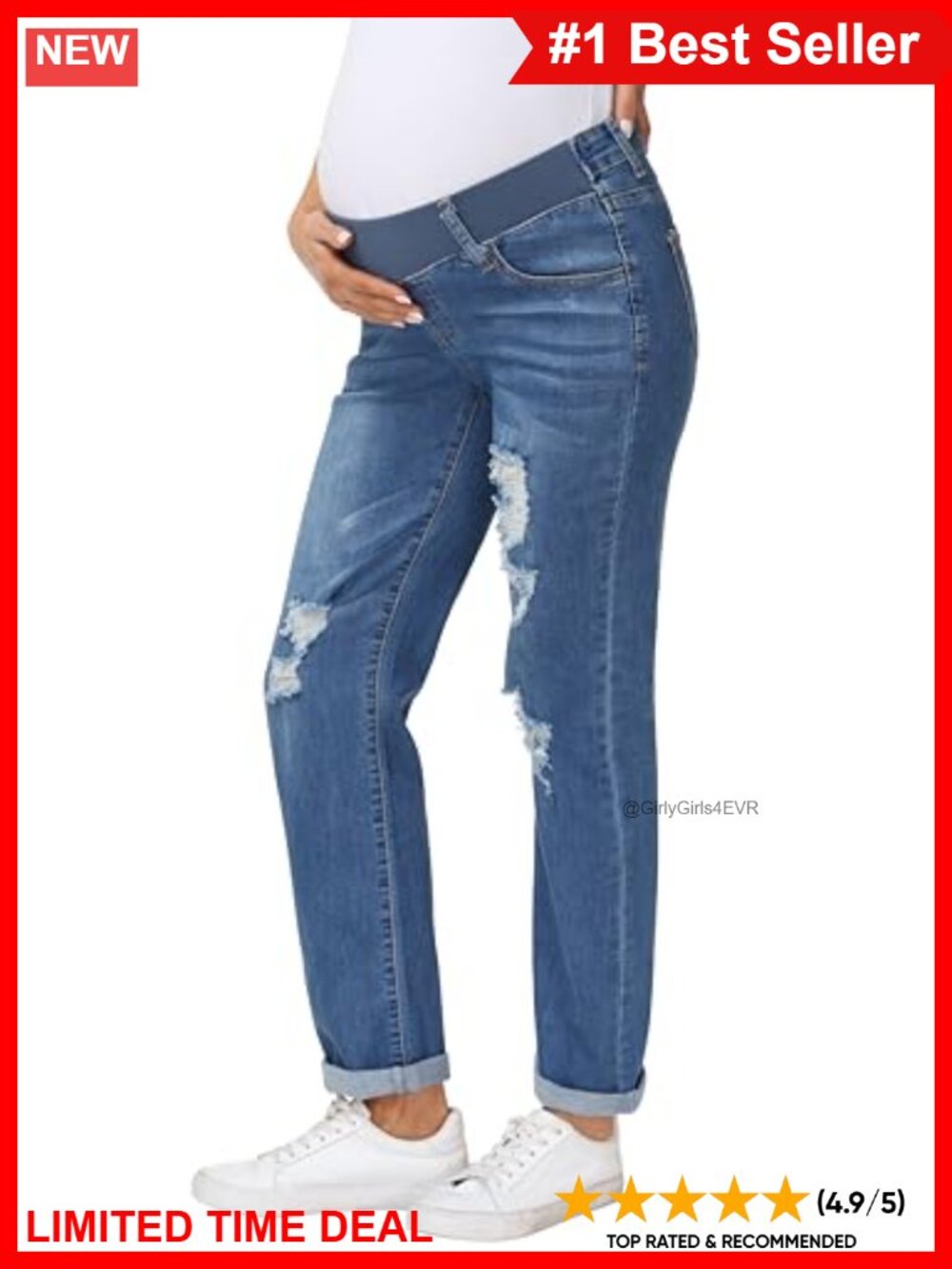 Maternity Ripped Boyfriend Jeans Low Rise Pull On Denim Pants